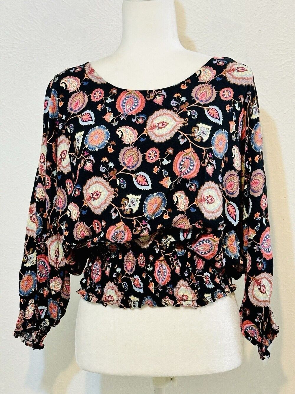 1.STATE Size S Paisley Smocked Long Sleeve Blouse Boho Whimsigoth Peasant